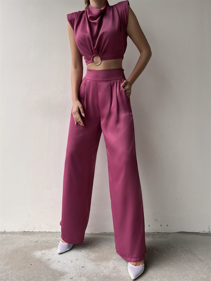 Pileli Bel Lastikli Bol Paça Kadın Fuşya Pantolon 22Y000074