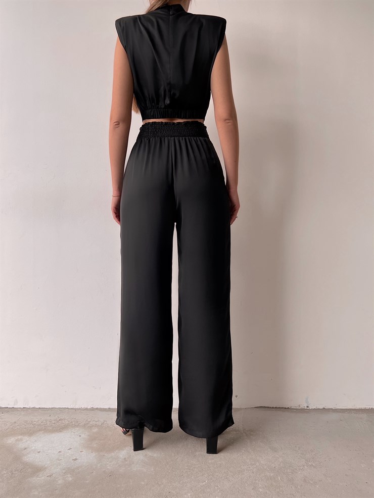 Pileli Bel Lastikli Bol Paça Kadın Siyah Pantolon 22Y000074