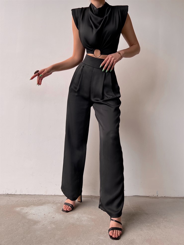 Pileli Bel Lastikli Bol Paça Kadın Siyah Pantolon 22Y000074