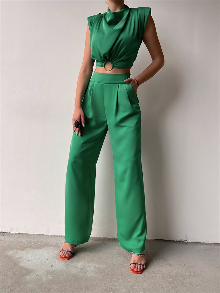 Pileli Bel Lastikli Bol Paça Kadın Yeşil Pantolon 22Y000074