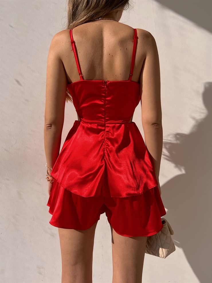 Pileli Beli Pencere Dekolte Calista Kadın Kırmızı Şort Tulum 22K000614