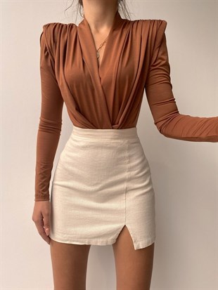 Omuzları Vatkalı Kruvaze Kadın Yuhanna Kahverengi Bodysuit 22K000004