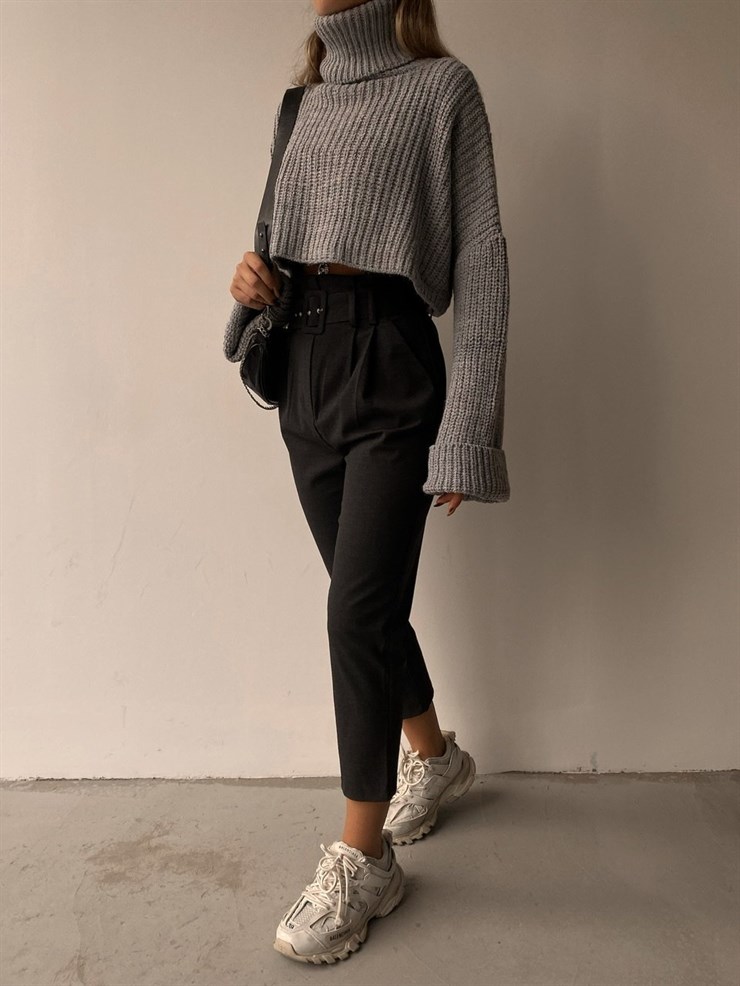 Pileli Yüksek Bel Kemerli Kadın Antrasit Pantolon 22K000172