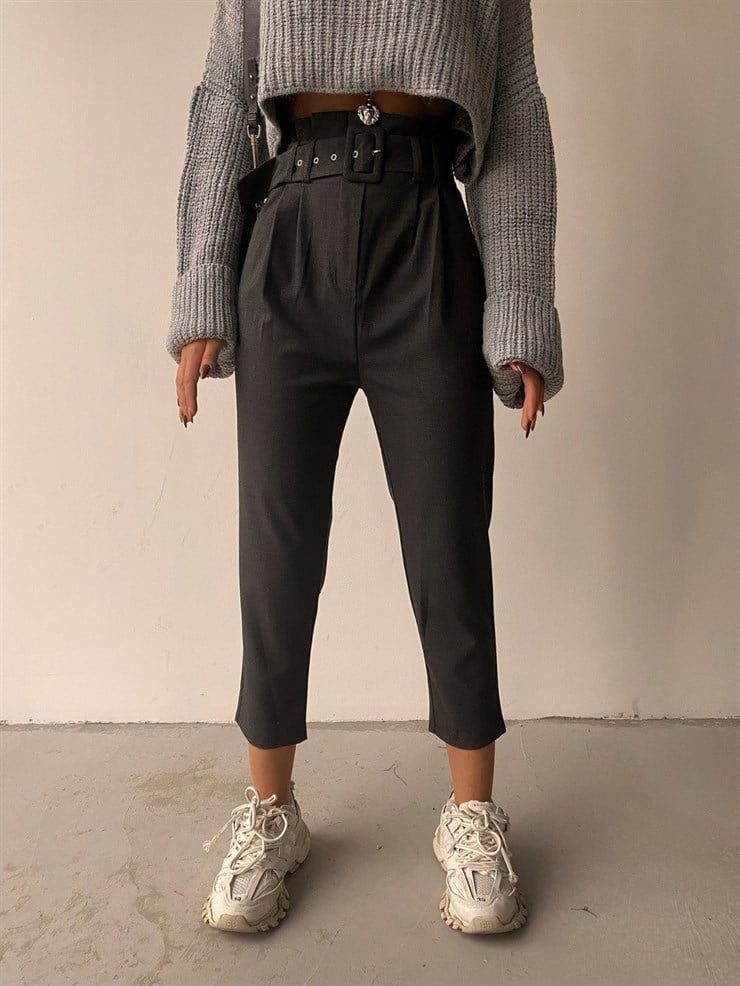 Pileli Yüksek Bel Kemerli Kadın Antrasit Pantolon 22K000172