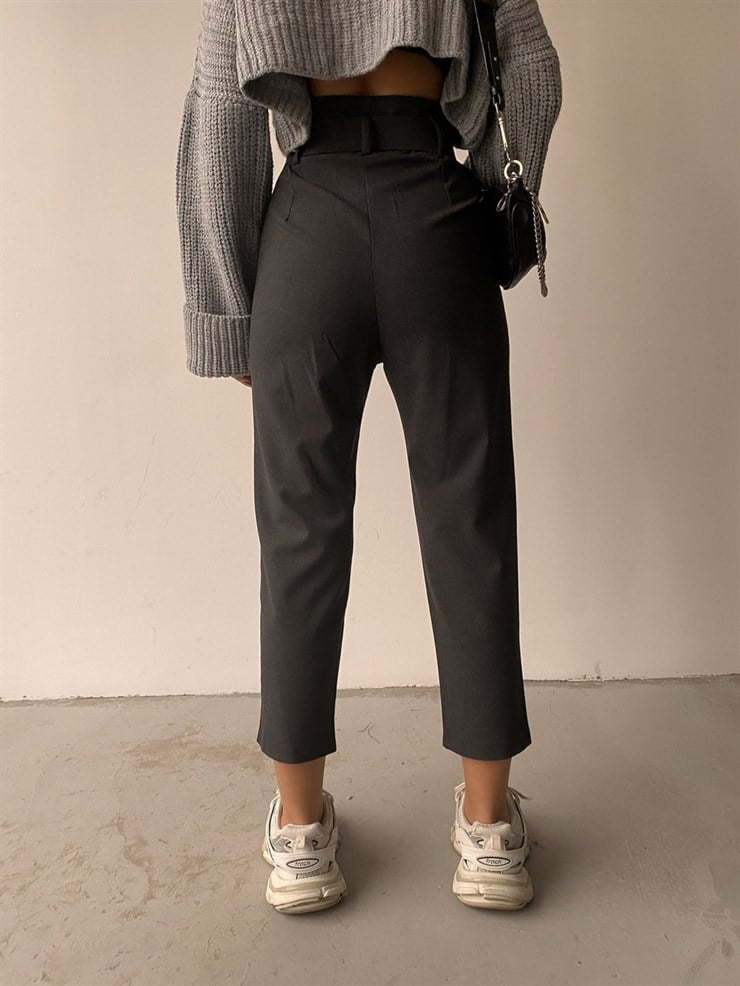 Pileli Yüksek Bel Kemerli Kadın Antrasit Pantolon 22K000172