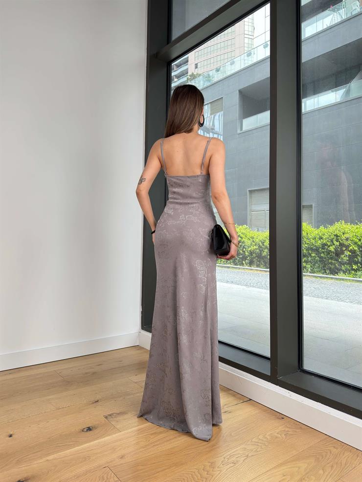 Degaje Yaka Askılı Piranda Desenli Gri Elbise 25Y336