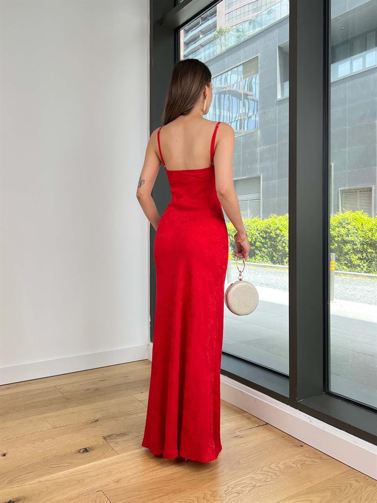 Degaje Yaka Askılı Piranda Desenli Kırmızı Elbise 25Y336