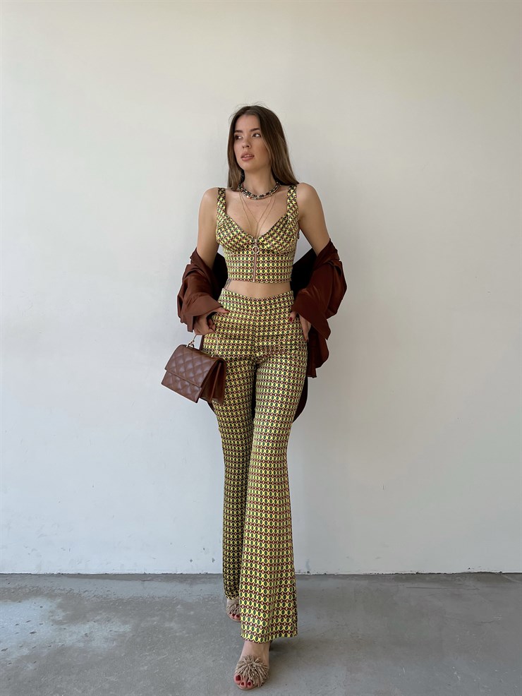 Piti Oval Desenli İspanyol Paça Yüksek Bel Gino Kadın Yeşil Pantolon 22Y000275