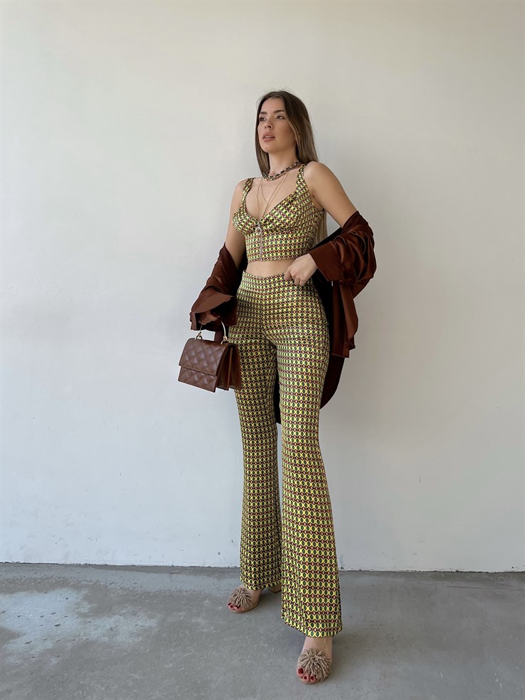 Piti Oval Desenli İspanyol Paça Yüksek Bel Gino Kadın Yeşil Pantolon 22Y000275