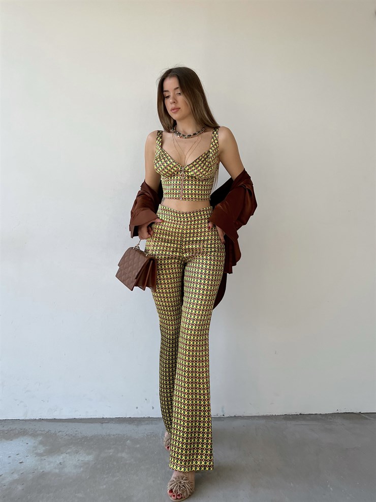 Piti Oval Desenli İspanyol Paça Yüksek Bel Gino Kadın Yeşil Pantolon 22Y000275