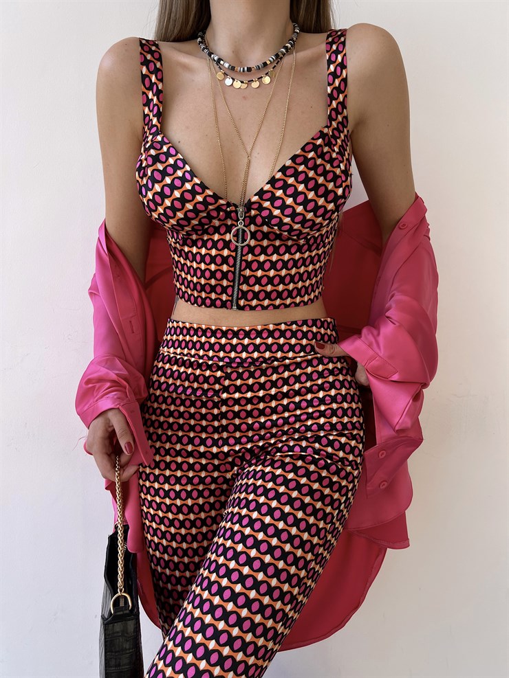 Piti Oval Desenli Önden Fermuarlı Kalın Askı Gino Kadın Fuşya Crop Bluz 22Y000274