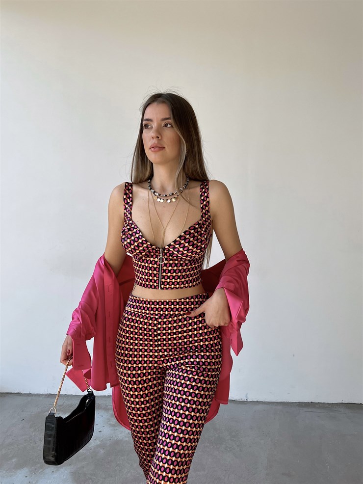 Piti Oval Desenli Önden Fermuarlı Kalın Askı Gino Kadın Fuşya Crop Bluz 22Y000274