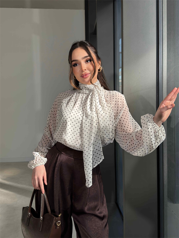 Puantiyeli Şifon Boyundan Bağlamalı Pivon Ekru Kadın Bluz 26Y078