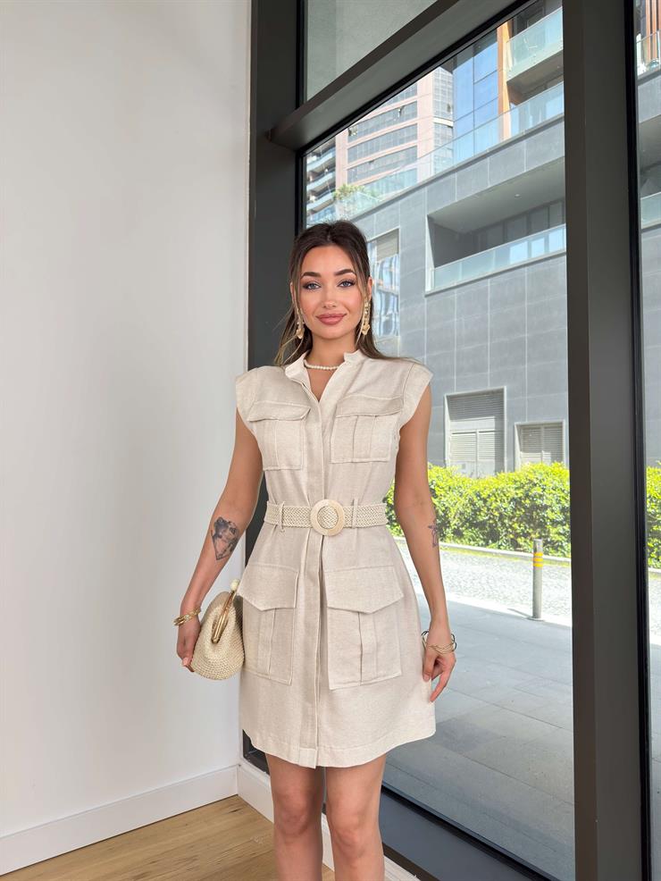 Beli Kemerli Büyük Cep Detaylı Plekti Natural Kadın Mini Elbise 25Y294