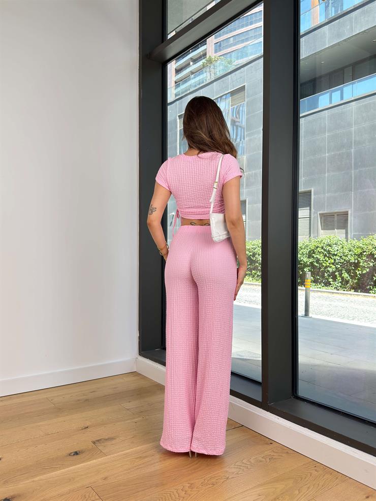 Büzgülü Kısa Kol Crop Yüksek Bel Pantolon Plende Pembe Kadın Takım 25Y498