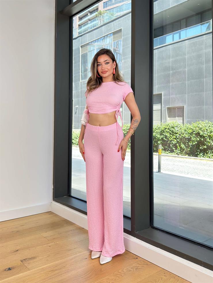 Büzgülü Kısa Kol Crop Yüksek Bel Pantolon Plende Pembe Kadın Takım 25Y498