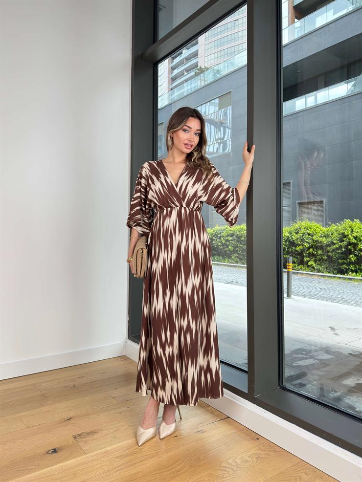 Kruvaze Yaka Yarım Kol Plenıt Kahve Kadın Elbise 25Y350