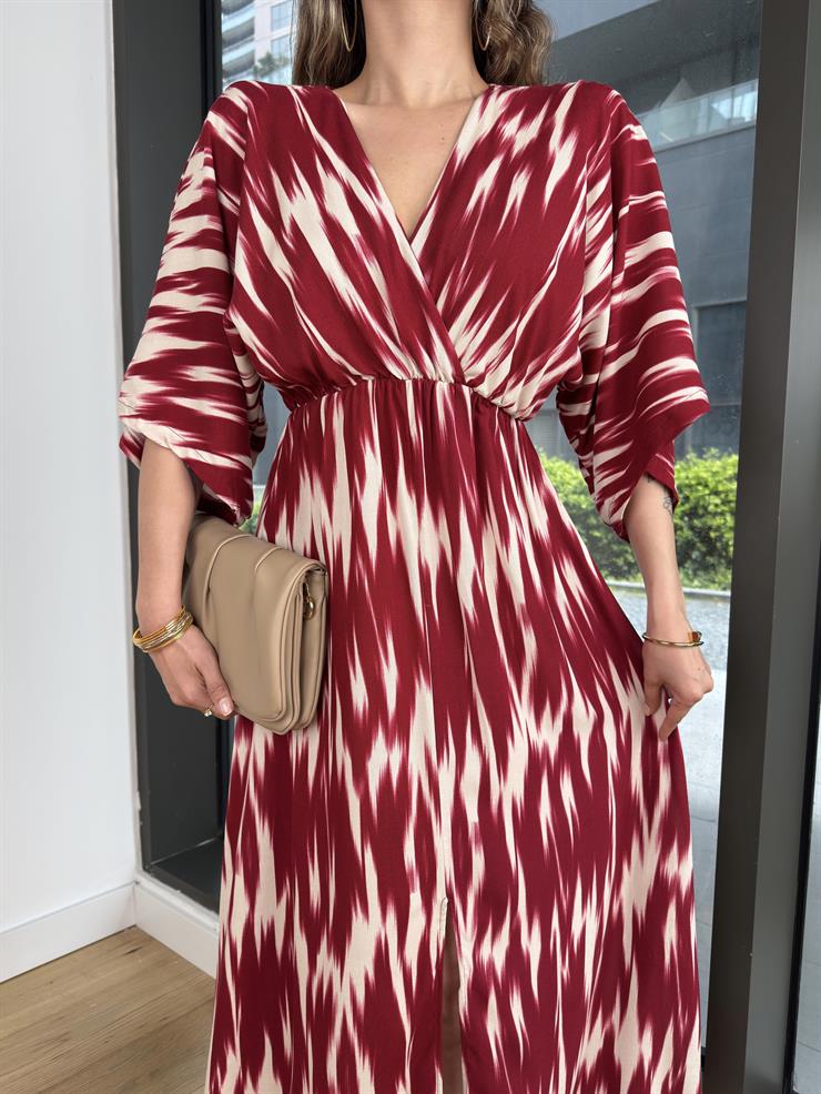 Kruvaze Yaka Yarım Kol Plenıt Bordo Kadın Elbise 25Y350