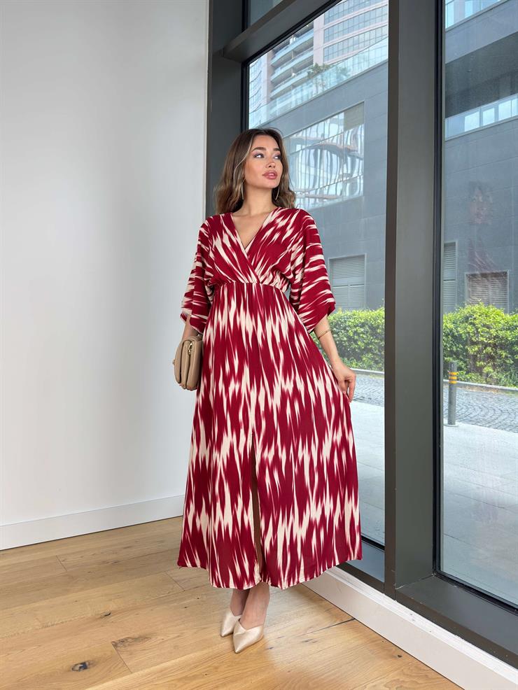 Kruvaze Yaka Yarım Kol Plenıt Bordo Kadın Elbise 25Y350