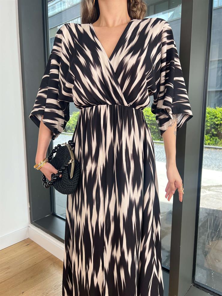 Kruvaze Yaka Yarım Kol Plenıt Siyah Kadın Elbise 25Y350