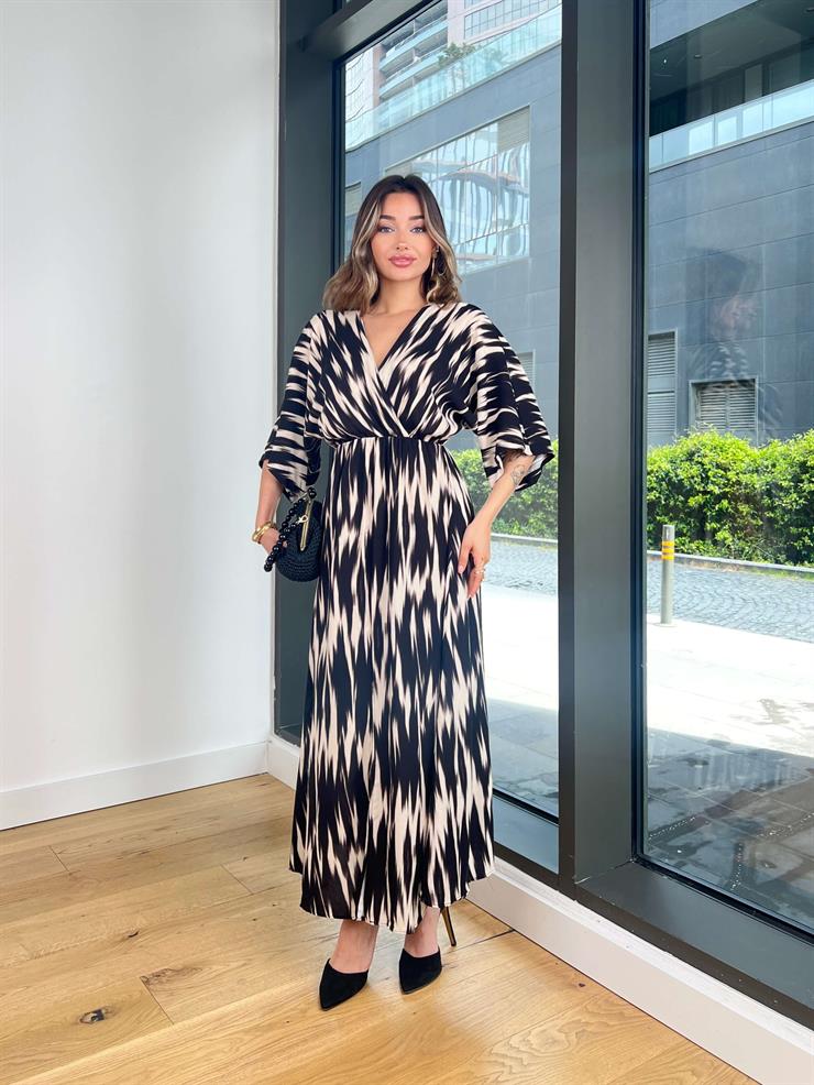 Kruvaze Yaka Yarım Kol Plenıt Siyah Kadın Elbise 25Y350