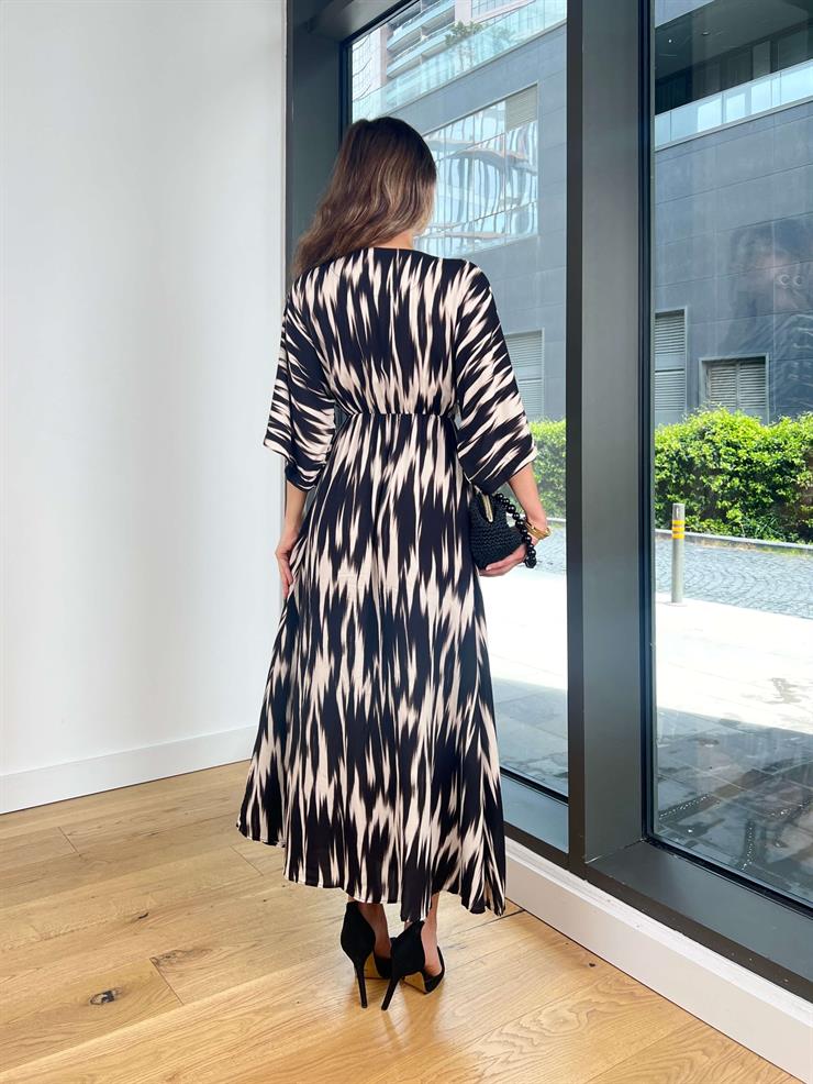 Kruvaze Yaka Yarım Kol Plenıt Siyah Kadın Elbise 25Y350