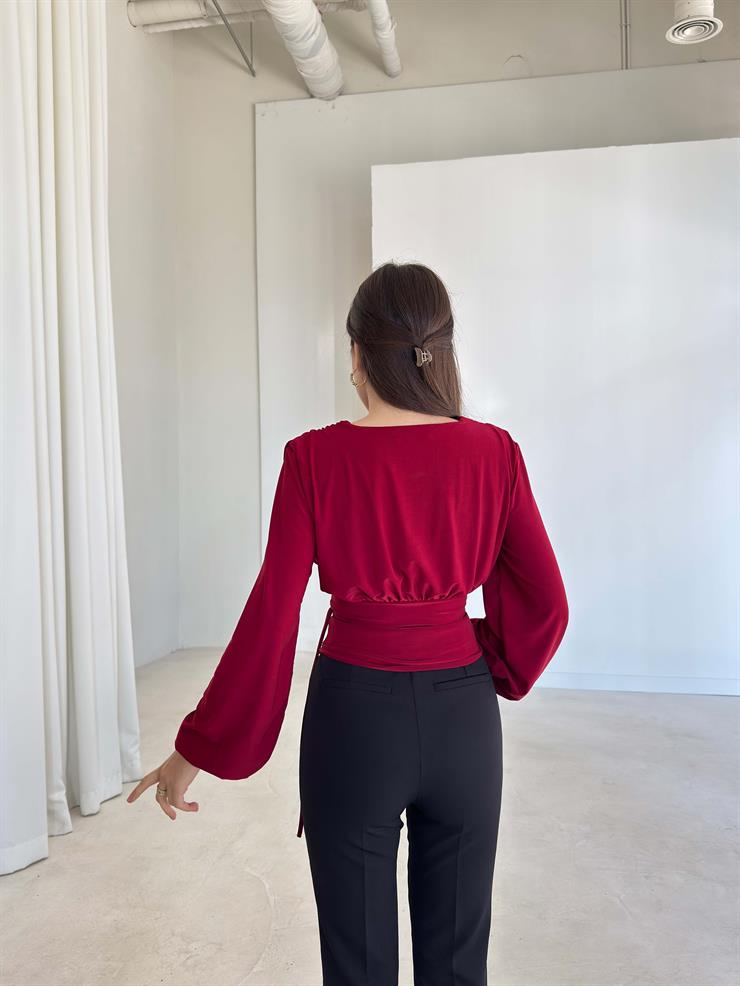 V Yaka İpli Drape Detaylı Plere Bordo Kadın Bluz 26K353