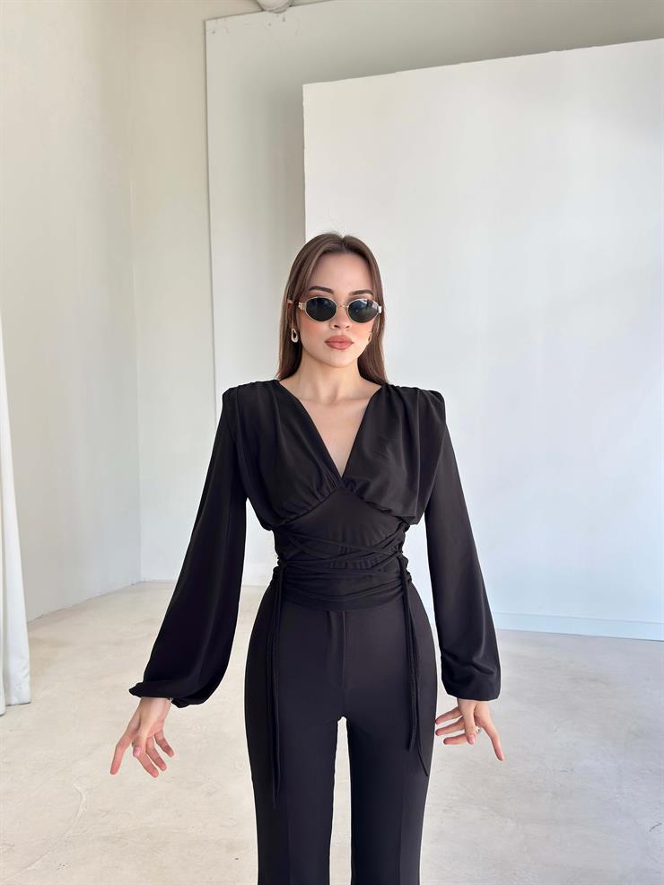 V Yaka İpli Drape Detaylı Plere Siyah Kadın Bluz 26K353