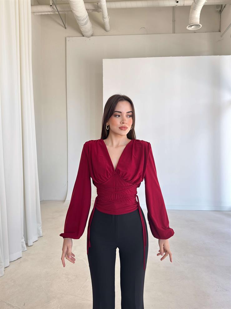 V Yaka İpli Drape Detaylı Plere Bordo Kadın Bluz 26K353