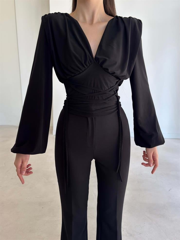 V Yaka İpli Drape Detaylı Plere Siyah Kadın Bluz 26K353