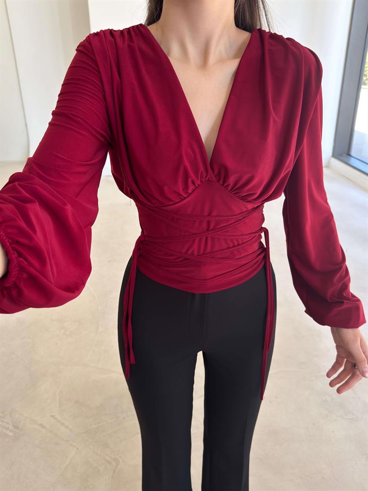 V Yaka İpli Drape Detaylı Plere Bordo Kadın Bluz 26K353