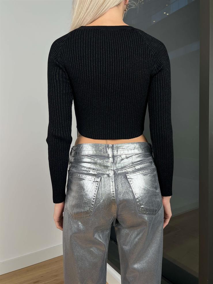 Uzun Kollu Triko Poline Kadın Siyah Crop Kazak 24k284