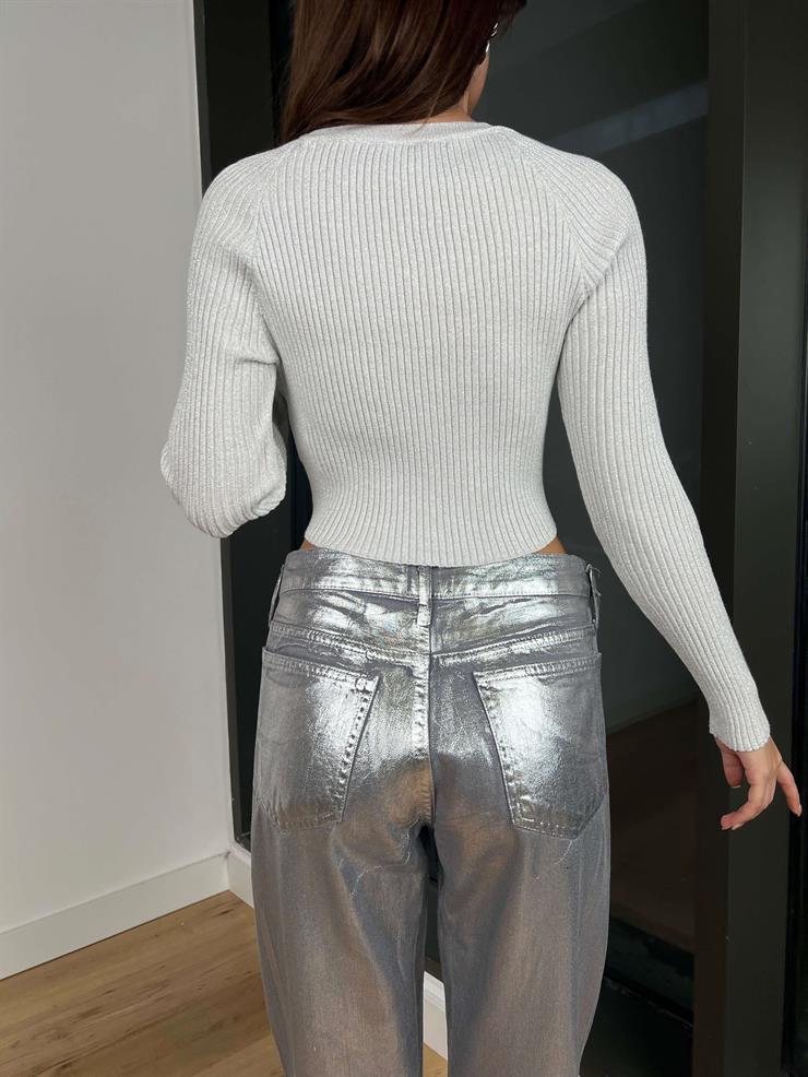 Uzun Kollu Triko Poline Kadın Gri Crop Kazak 24k284