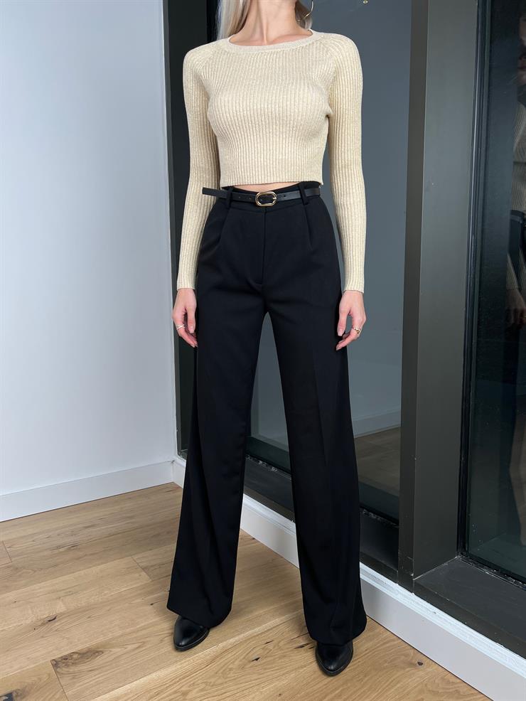 Uzun Kollu Triko Poline Kadın Taş Crop Kazak 24k284