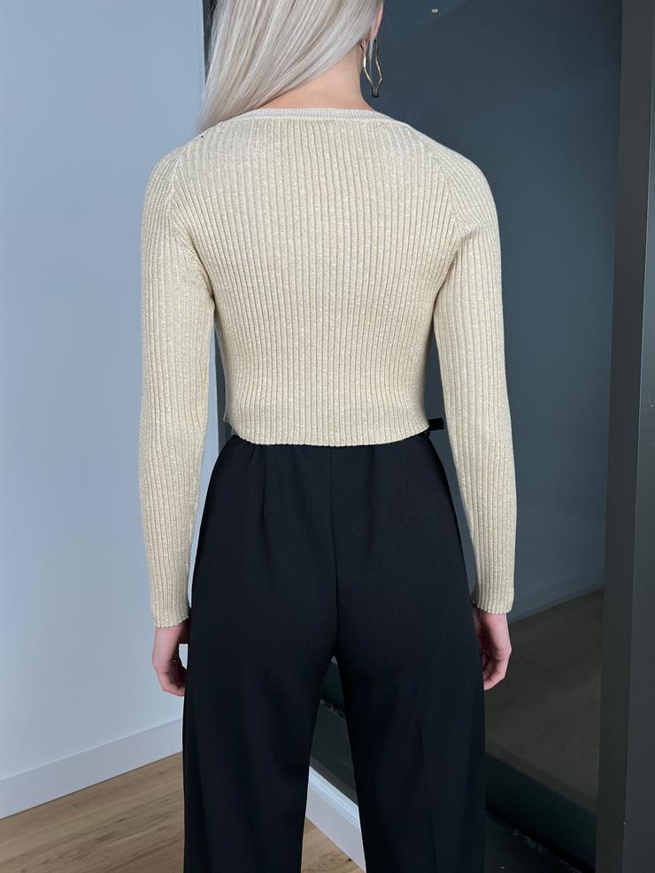 Uzun Kollu Triko Poline Kadın Taş Crop Kazak 24k284