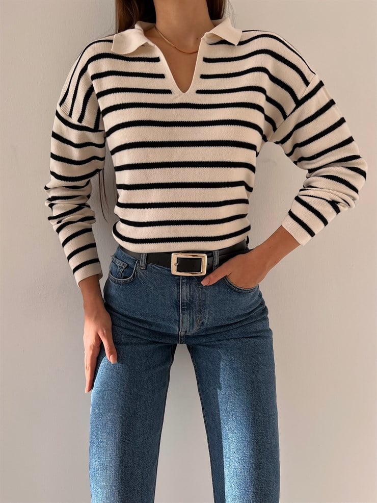 Polo Yaka Kadın Beyaz Çizgili Triko Kazak 23K000191