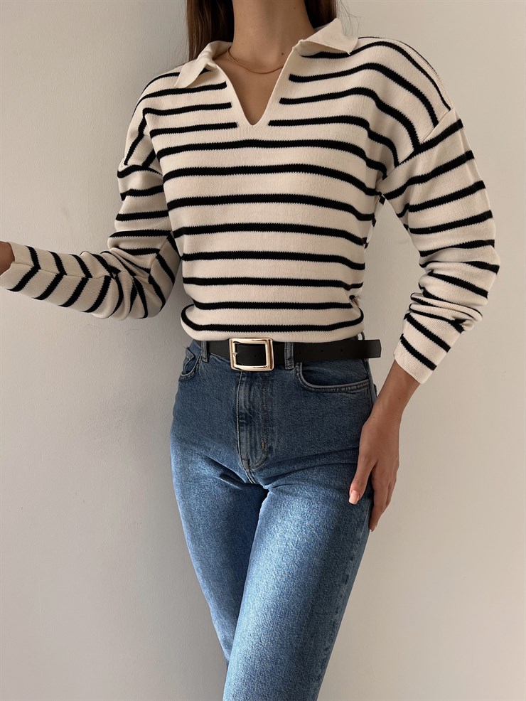 Polo Yaka Kadın Beyaz Çizgili Triko Kazak 23K000191