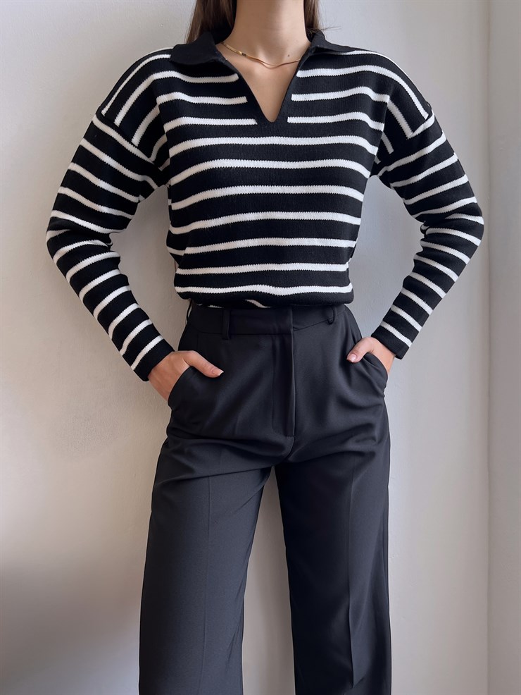 Polo Yaka Kadın Siyah Çizgili Triko Kazak 23K000191