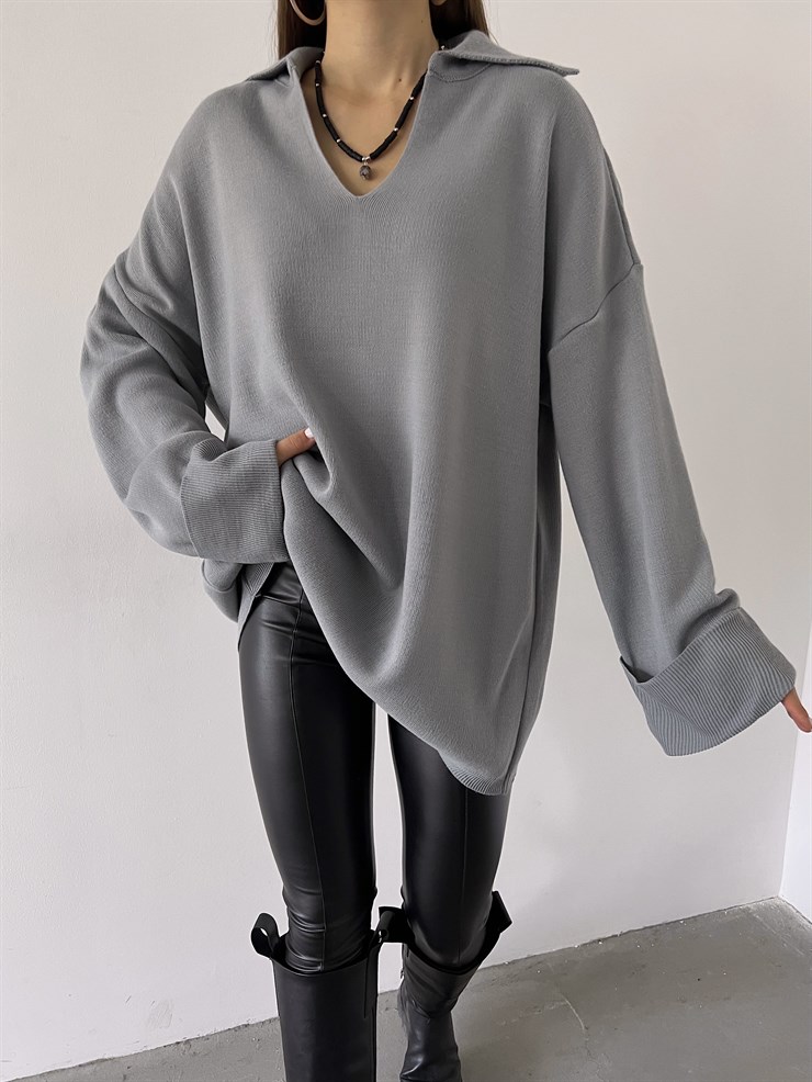 Polo Yaka Uzun Kol Oversize Kadın Gri Kazak 23K000192	