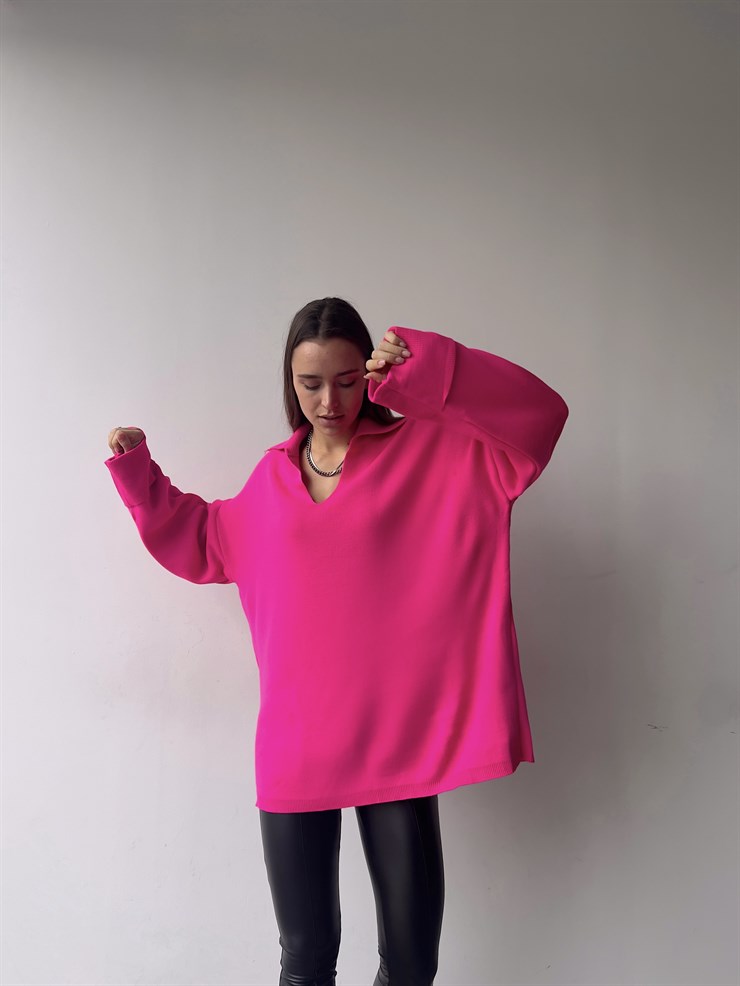 Polo Yaka Uzun Kol Oversize Kadın Fuşya Kazak 23K000192