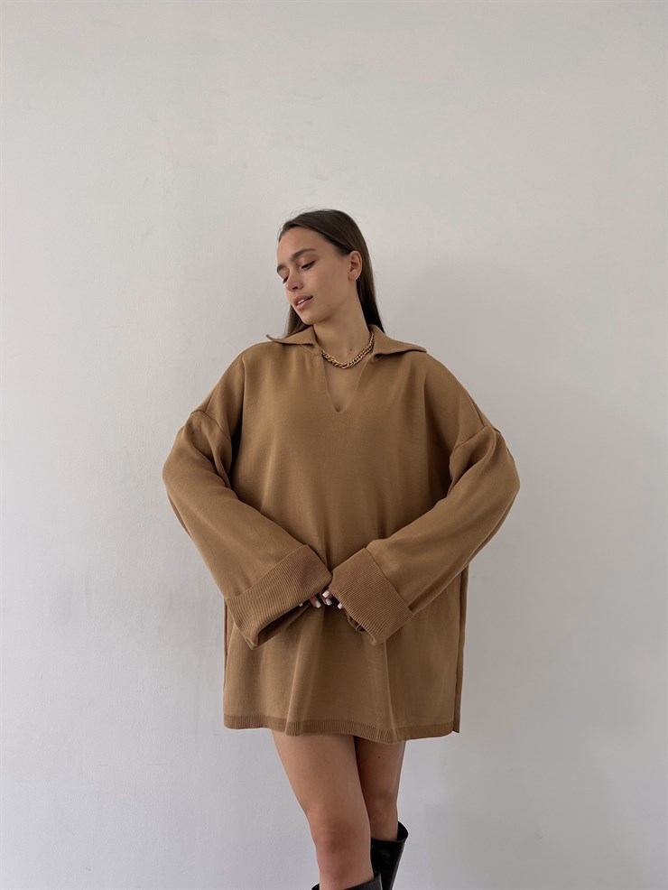 Polo Yaka Uzun Kol Oversize Kadın Camel Kazak 23K000192