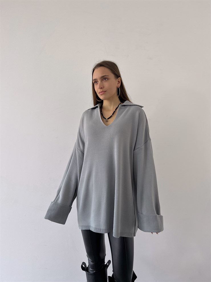 Polo Yaka Uzun Kol Oversize Kadın Gri Kazak 23K000192	