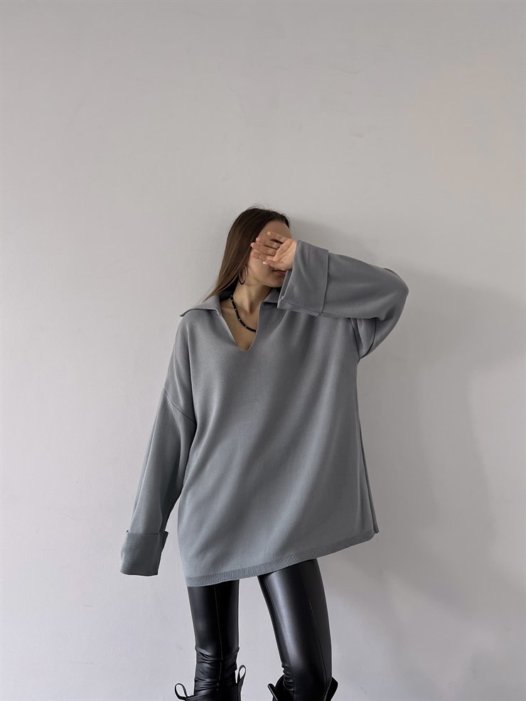 Polo Yaka Uzun Kol Oversize Kadın Gri Kazak 23K000192	