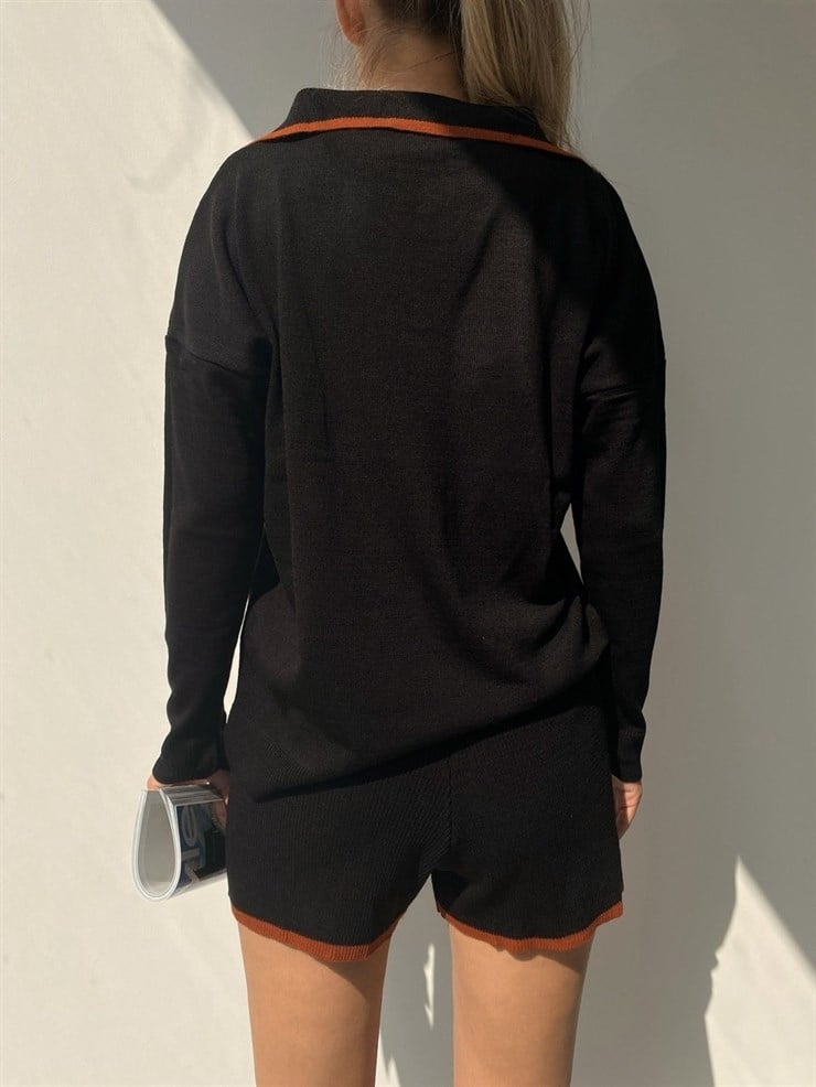 Polo Yaka Üst Lastik Bel Şortlu Kadın Siyah İkili Triko Takım 22K000143