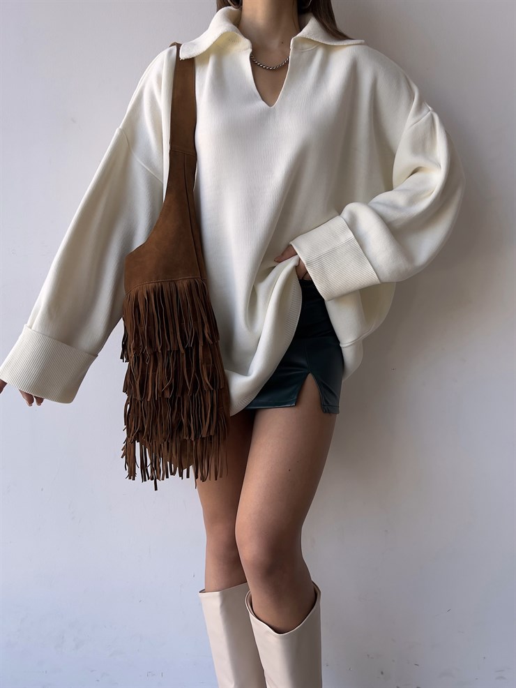 Polo Yaka Uzun Kol Oversize Kadın Ekru Kazak 23K000192