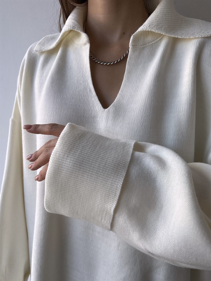 Polo Yaka Uzun Kol Oversize Kadın Ekru Kazak 23K000192