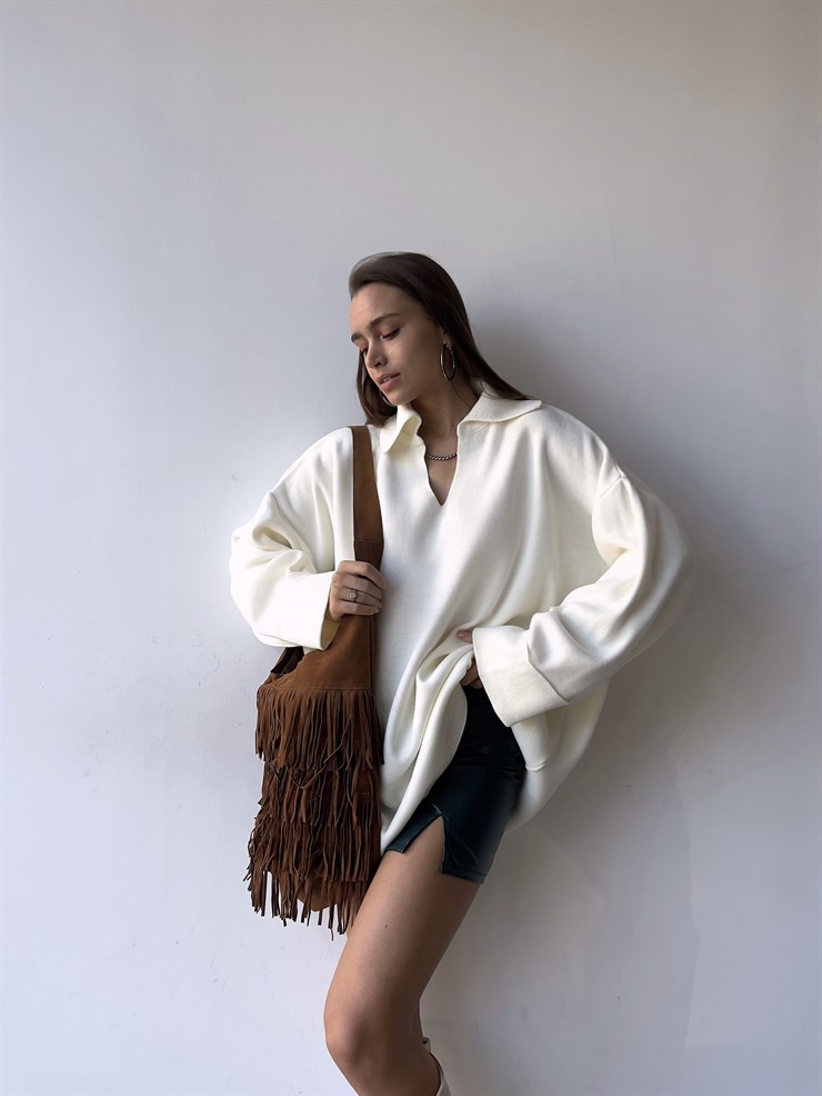 Polo Yaka Uzun Kol Oversize Kadın Ekru Kazak 23K000192