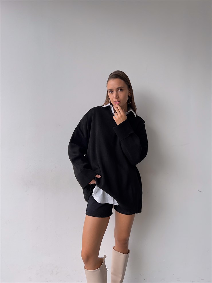 Polo Yaka Uzun Kol Oversize Kadın Siyah Kazak 23K000192
