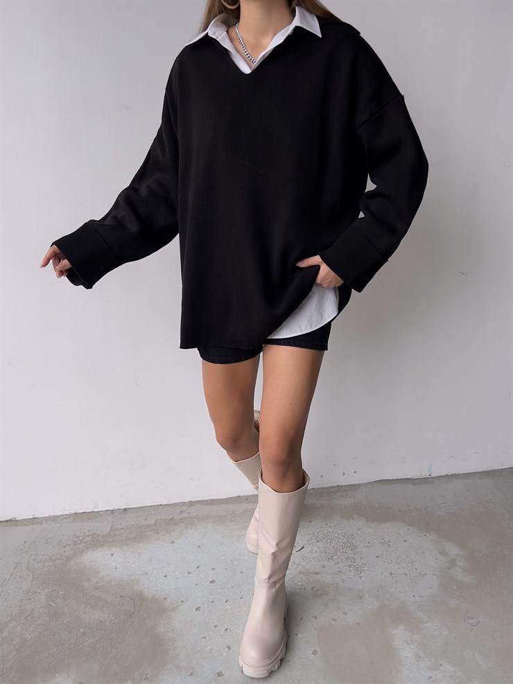 Polo Yaka Uzun Kol Oversize Kadın Siyah Kazak 23K000192