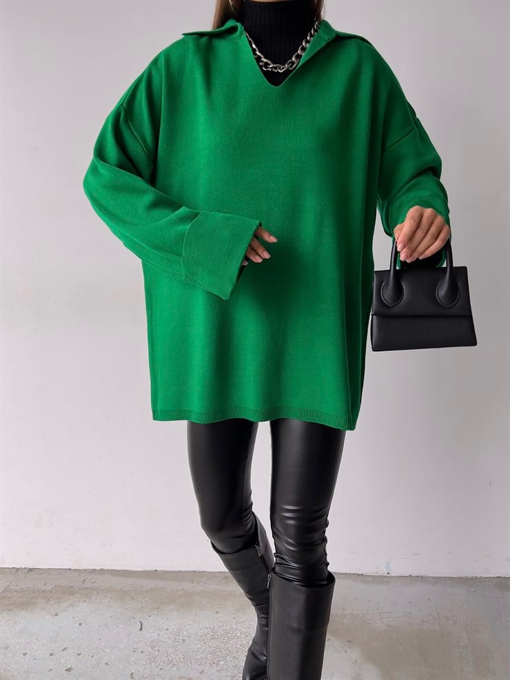 Polo Yaka Uzun Kol Oversize Kadın Yeşil Kazak 23K000192